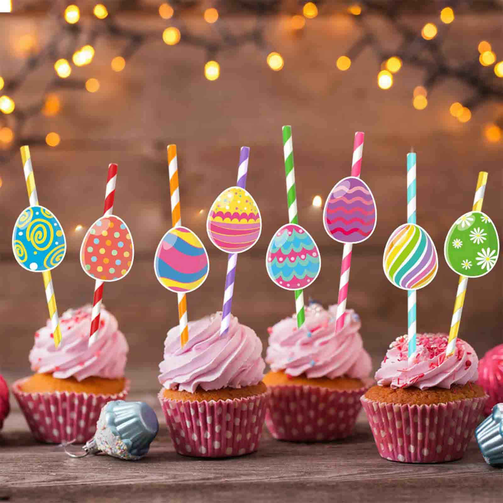16-Pack Easter Colored Egg Straw Insert Cards for Drinks and Cake Toppers, Festive Party Decorations for Easter Celebrations and Family Gatherings